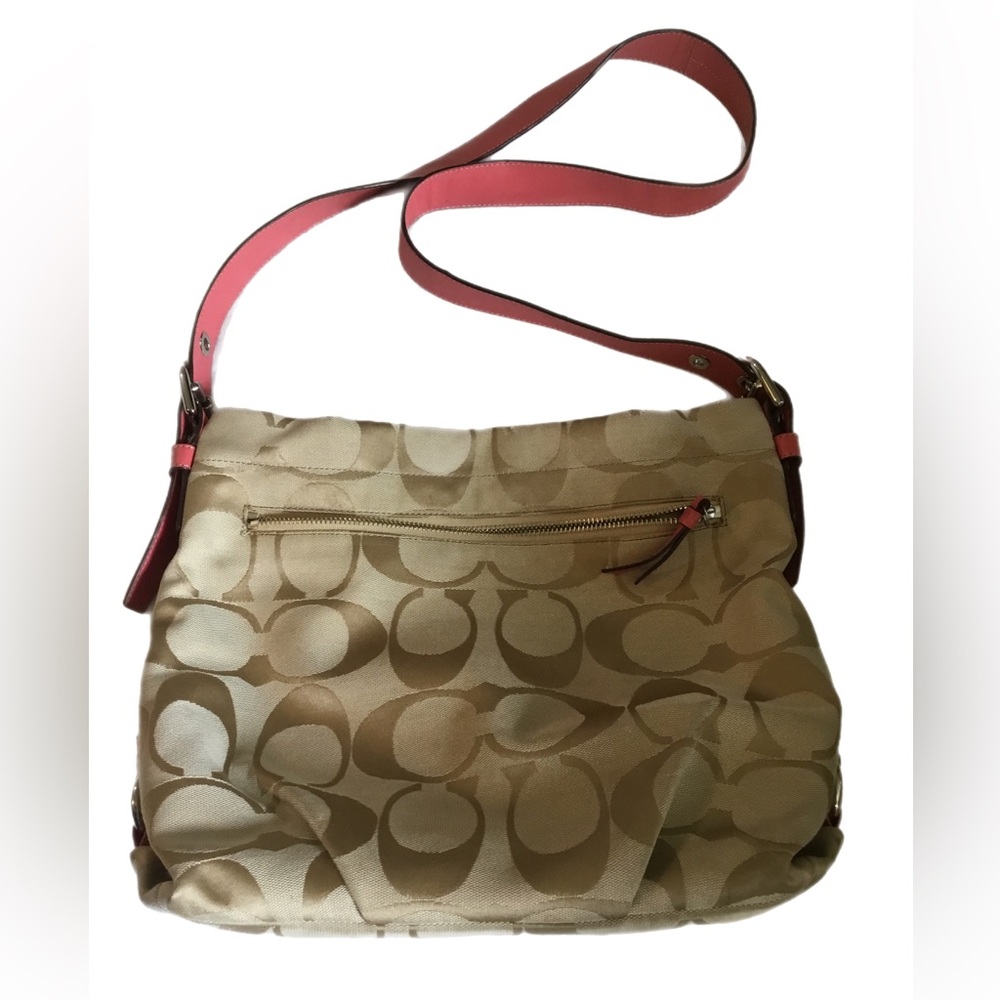 Coach Signature Canvas Shoulder Bag with Pink Strap